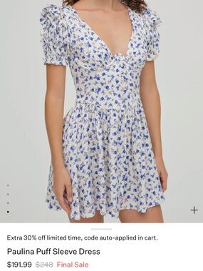 For Love And Lemons Blue Floral Mini Puff-Sleeve Dress